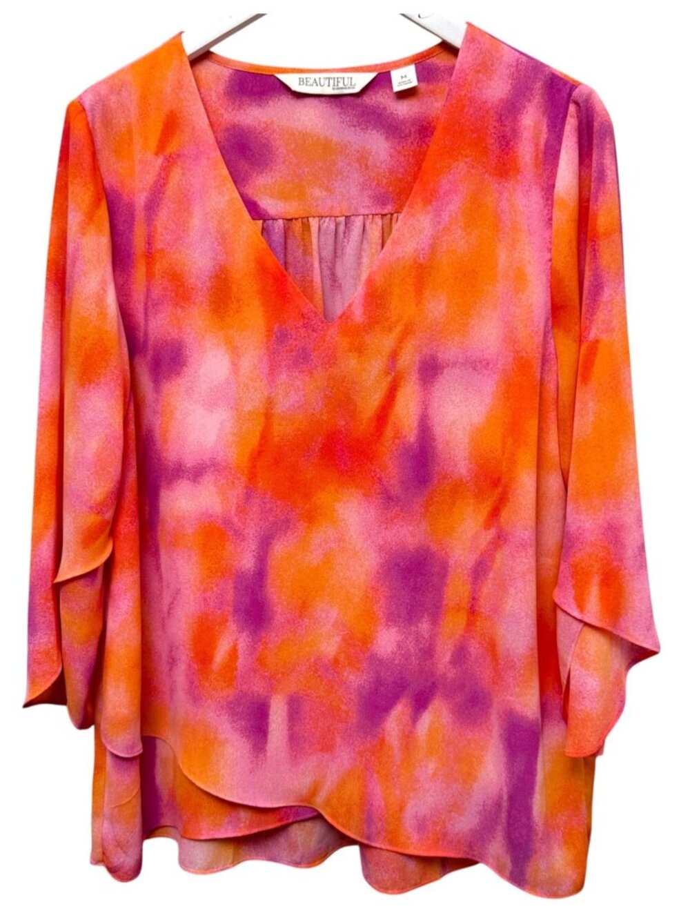 Beautiful by Lawrence Zarian Blouse Medium Pink Sunset Watercolor Womens Top